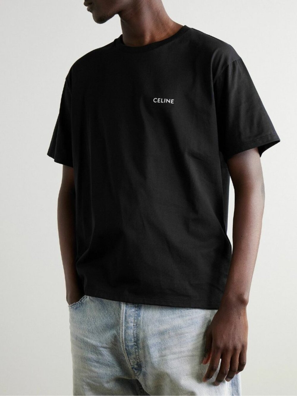 CELINE Logo Print Cotton Jersey Loose T-Shirt Black Large